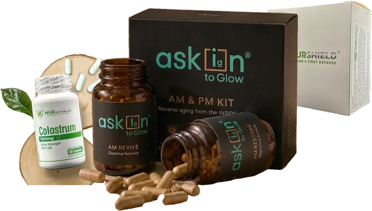 The three products: AM & PM Kit, Colostrum and Antioxidant Kit